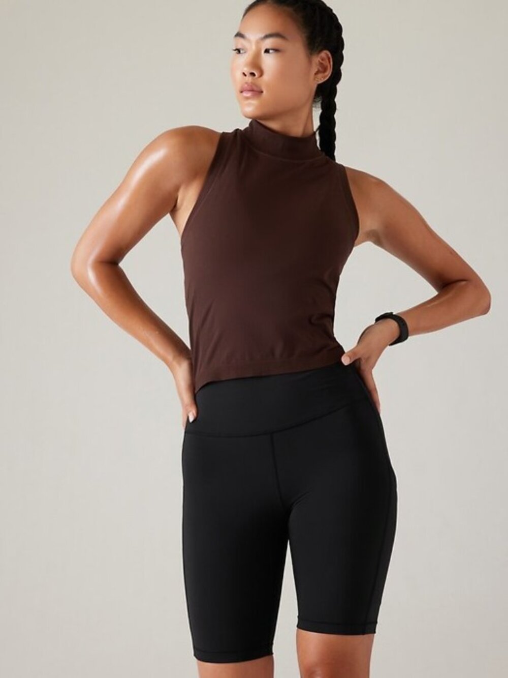 ATHLETA Momentum Brown Seamless Jersey Sport Length Mock Neck Top, Size L